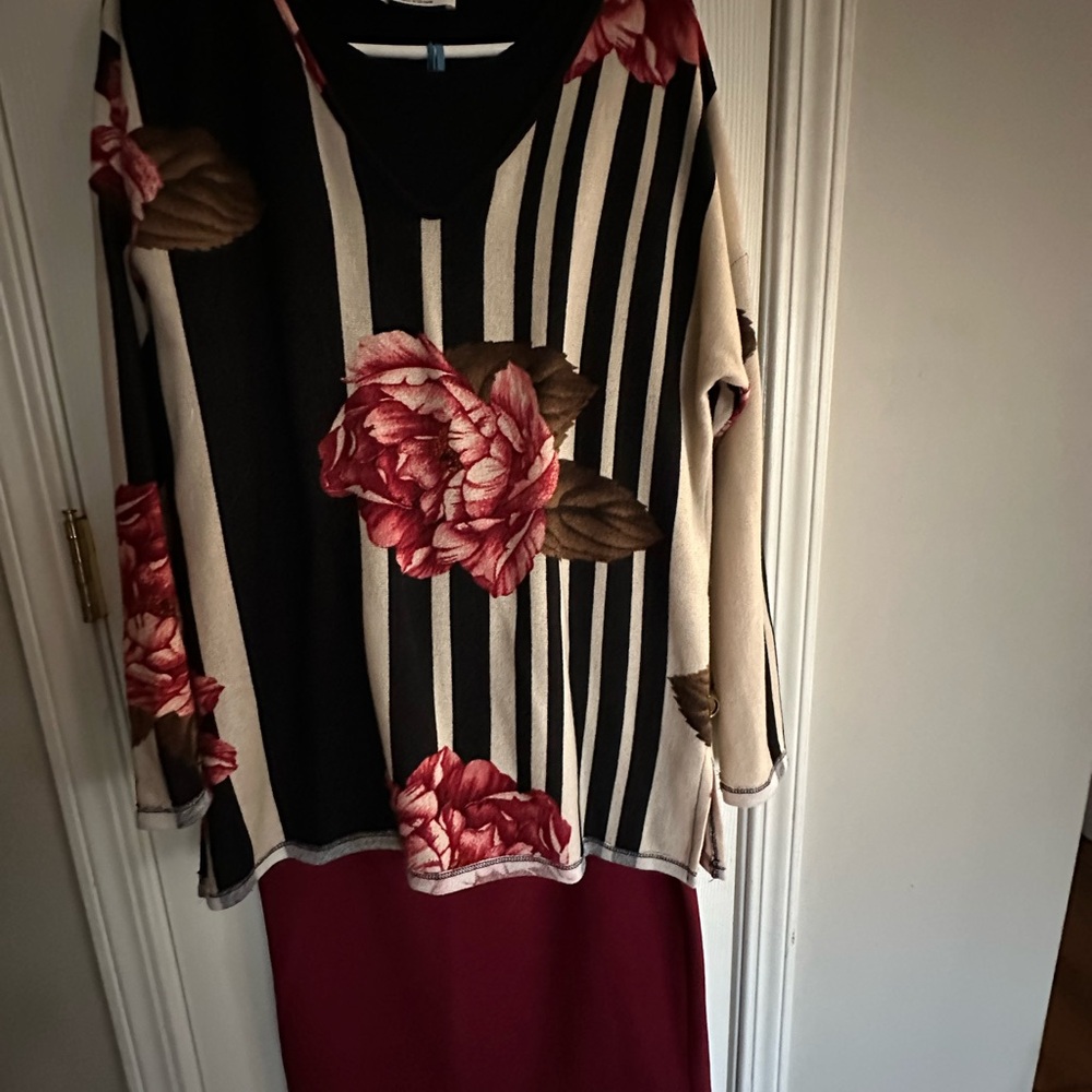 3pc outfit Now &Forever Black&Cream Floral Long Sleeve tunic skirt set